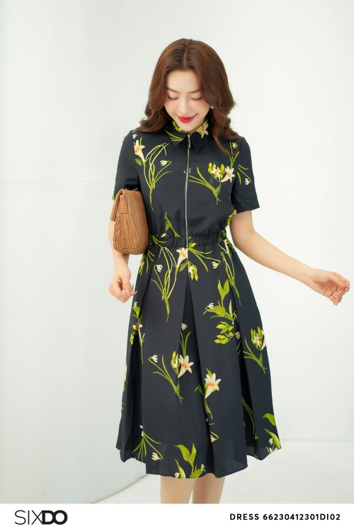 Sixdo Black Floral Midi Voven Dress