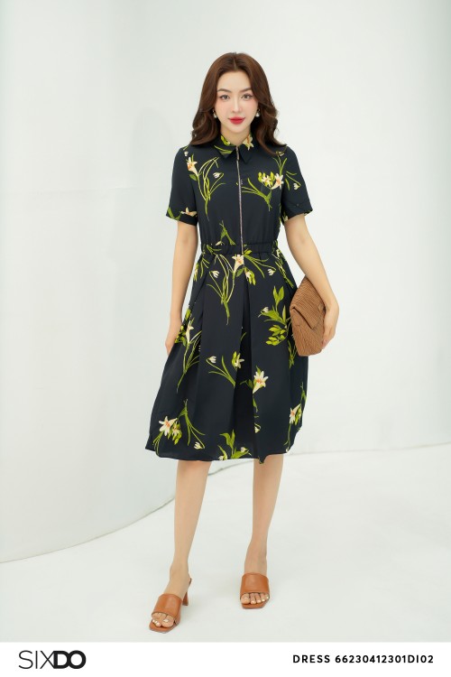 Black Floral Midi Voven Dress