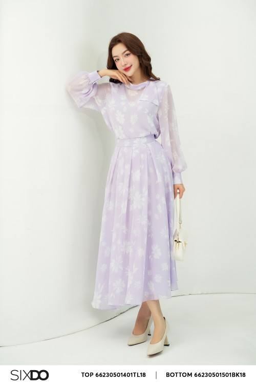 Pleated Floral Midi Voile Skirt (Chân váy)