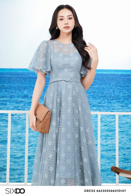 Sixdo Blue-grey Floral Midi Lace Dress