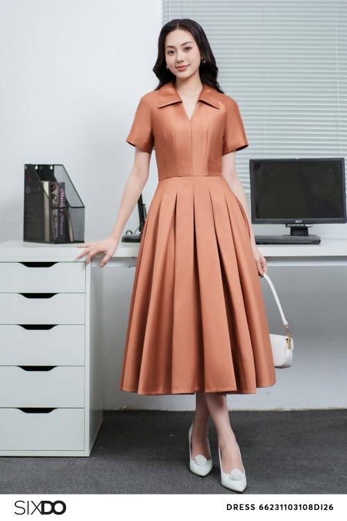 Brown Pleated Midi Taffeta Dress