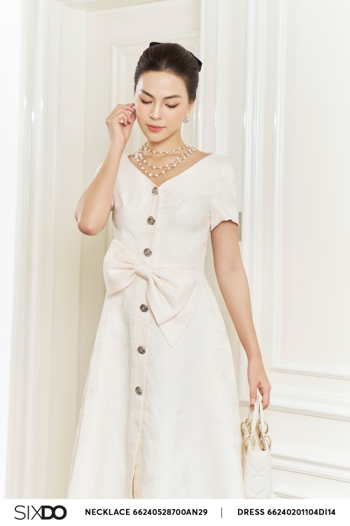 Sixdo Cream V-neck Brocade Midi Dress