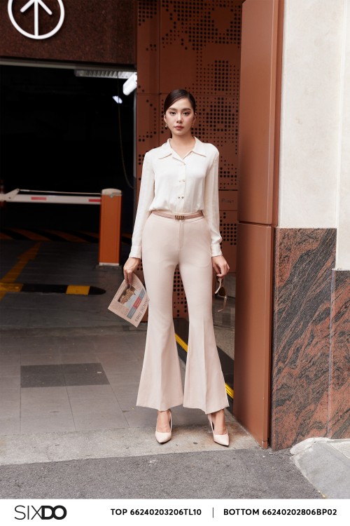 Beige Flared Woven Pants