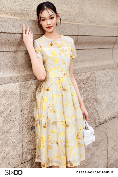 Sixdo Beige Floral Organza Midi Dress