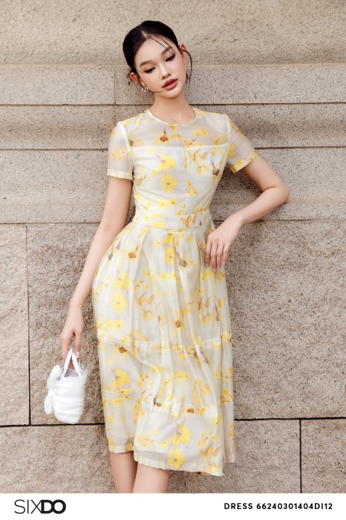 Beige Floral Organza Midi Dress