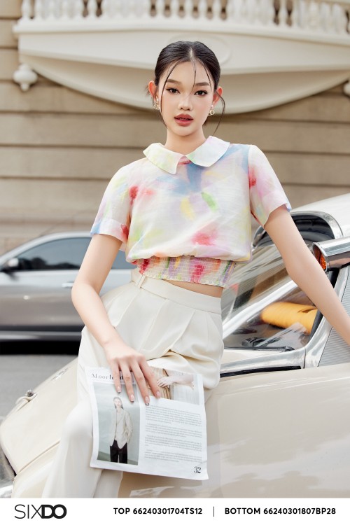 Multicolor Short Sleeves Organza Top