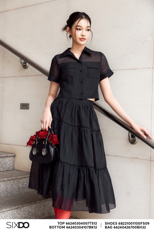 Black Short Sleeves Organza Shirt