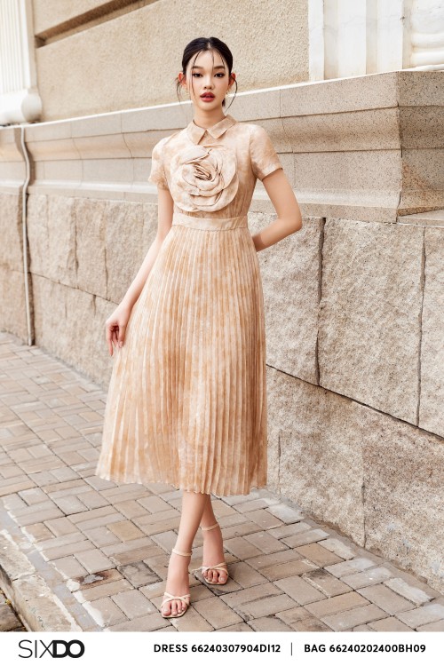 Dark Beige 3D Flower Organza Midi Dress