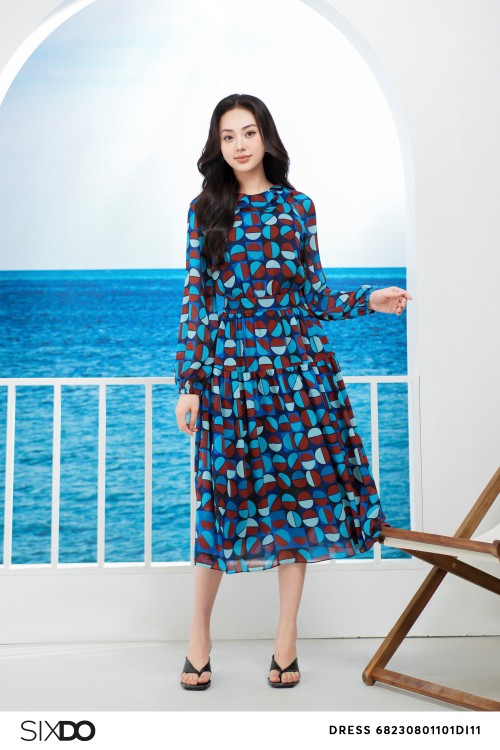 Blue Geomitric Midi Chiffon Dress