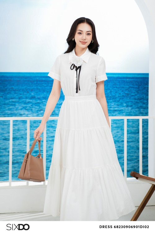 Sixdo White Midi Woven Dress With Flower 1