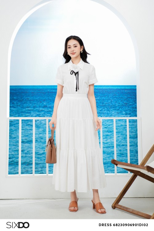 White Midi Woven Dress With Flower 1