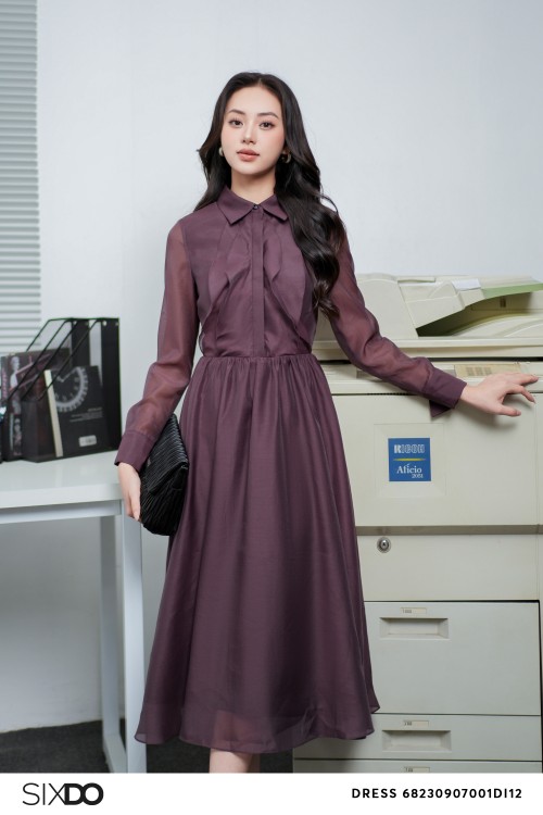 Sixdo Purplish Brown Long Sleeves Midi Dress