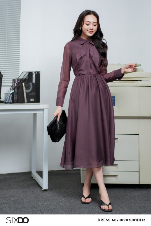 Purplish Brown Long Sleeves Midi Dress