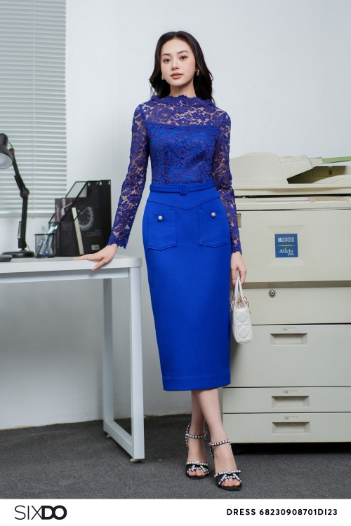 Dark Cobalt Long Sleeves Midi Raw Dress