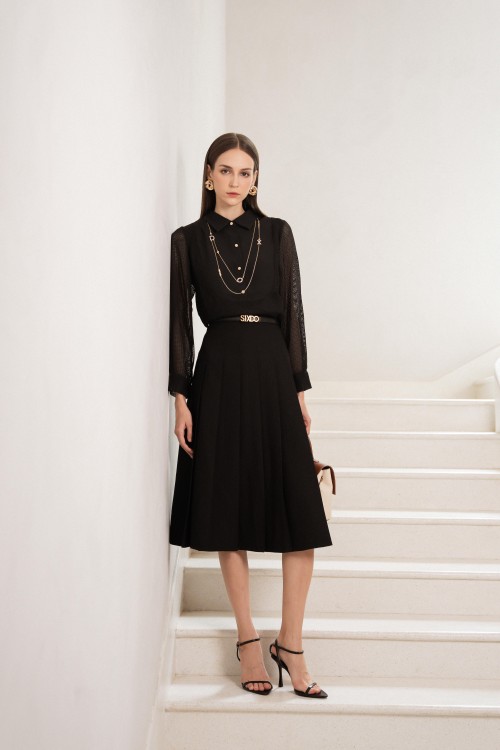 Black Pleated Woven Flared Skirt