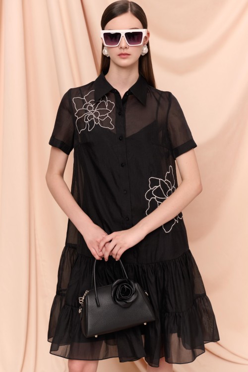 Sixdo Black Organza Midi Dress