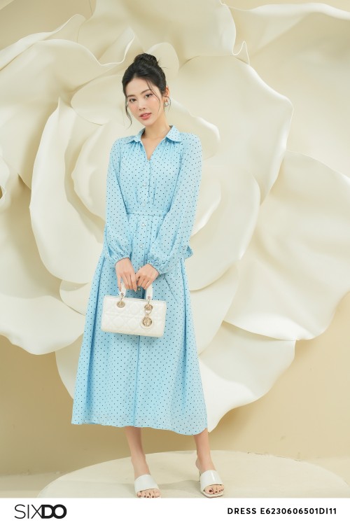 Blue Polka Dot Midi Chiffon Dress