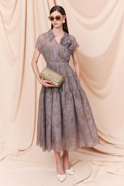 Gray 3D Flower Organza Midi Dress