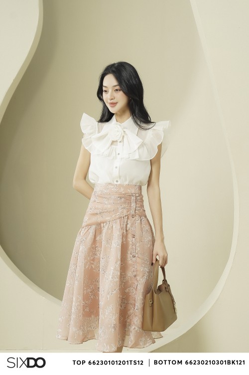 Sixdo Light Brown Floral Midi Skirt