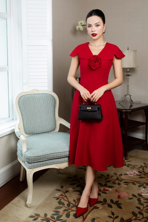 Sixdo Red Woven Flared Dress With Flower