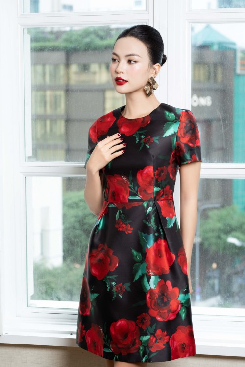 Sixdo Black Floral Print Taffeta Mini Dress