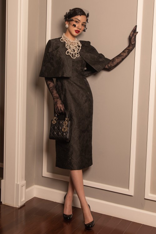 Sixdo Black Brocade Dress And Vest Set In The Show