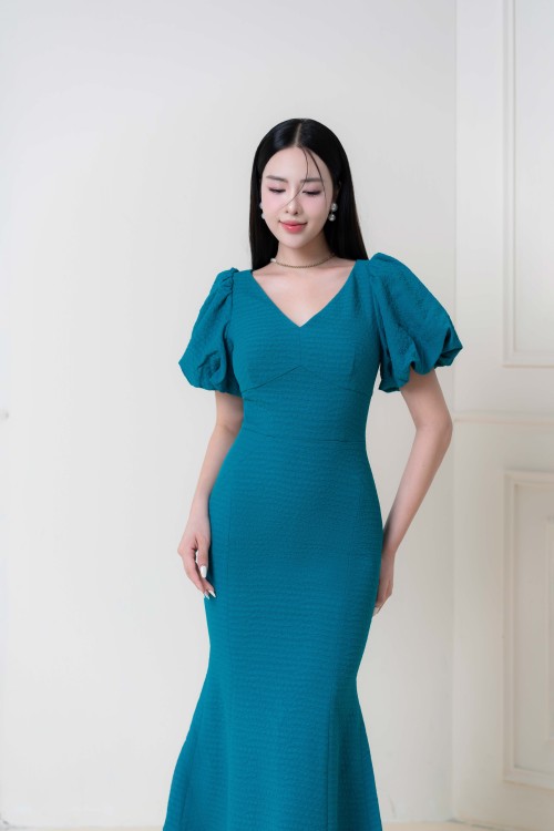 Sixdo Dark Turquoise Mermaid Midi Woven Dress