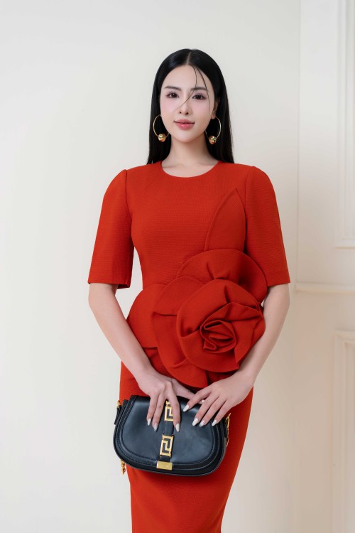 Sixdo Red-orange Midi Raw Dress