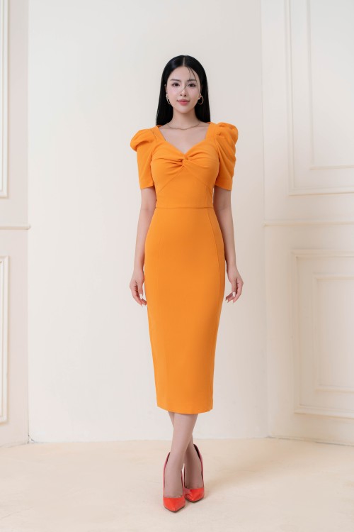 Sixdo Light Orange Midi Woven Dress