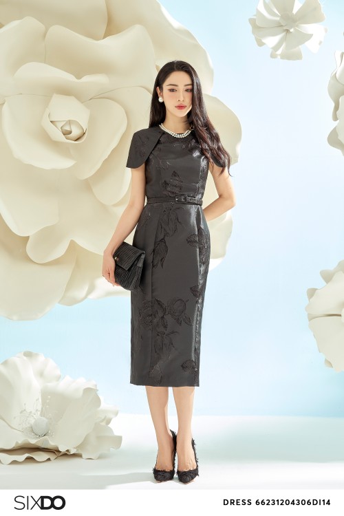 Sixdo Black Brocade Midi Dress