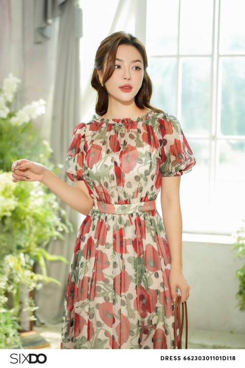 Sixdo Cream Poppy Midi Voile Dress