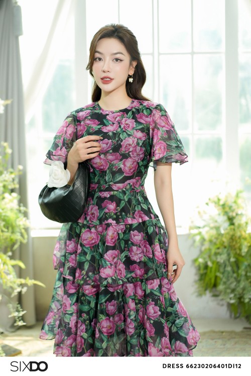 Sixdo Black Floral Ruffled Midi Dress