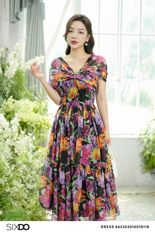 Sixdo Black Tulip Tiered Midi Voile Dress