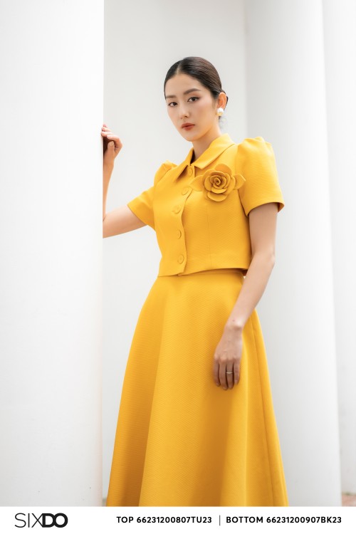 Sixdo Yellow Raw Midi Skirt