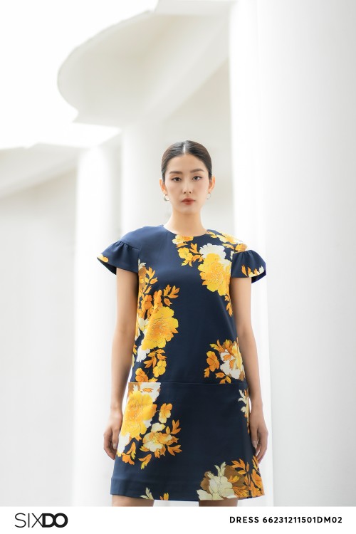 Sixdo Navy Floral Woven Mini Dress