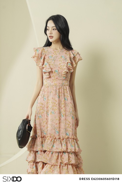 Sixdo Peach Pink Floral Midi Voile Dress