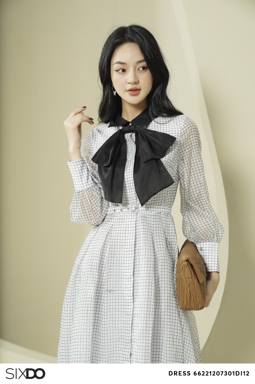 Sixdo White Check Bowtie Midi Dress