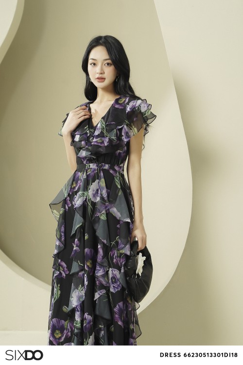 Sixdo Black Poppy Midi Voile Dress