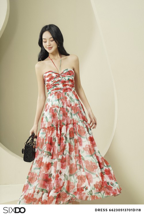 Sixdo White Cherry Blossom Midi Voile Dress