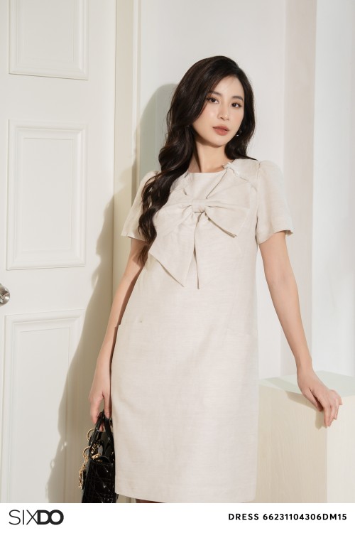 Sixdo Beige Bowtie Mini Linen Dress