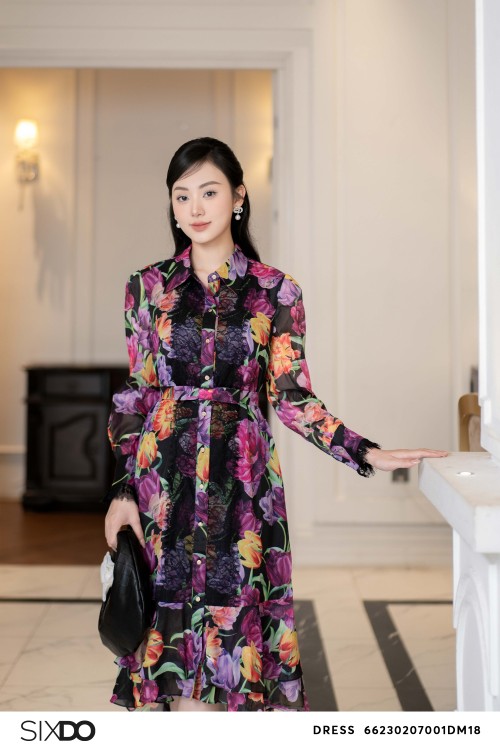 Sixdo Black Tulip Shirtwaist Midi Voile Dress