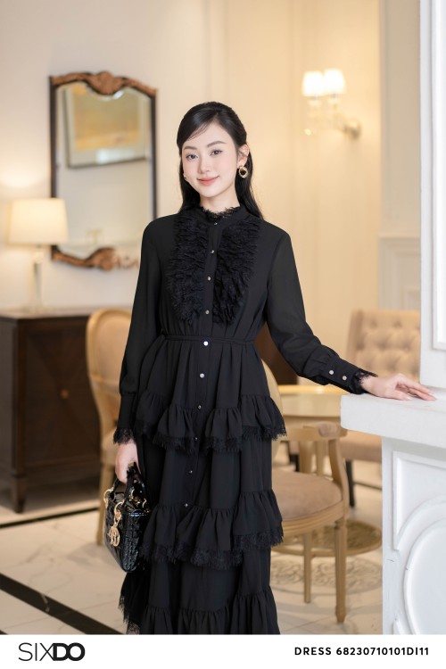 Sixdo Black Midi Chiffon Dress