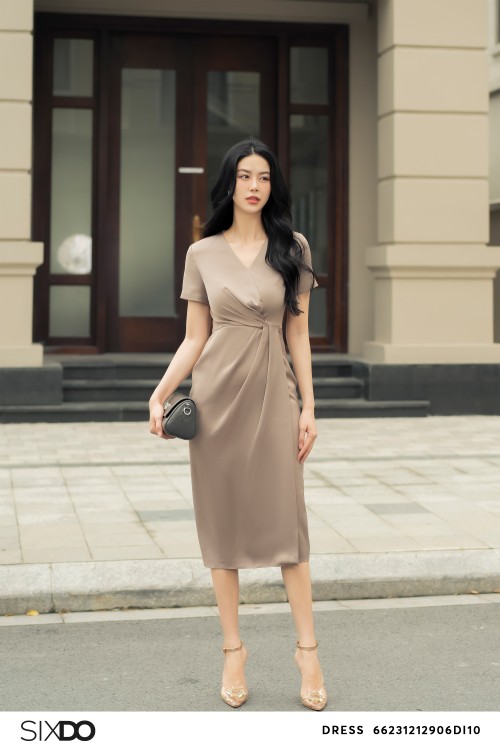 Sixdo Yellowish Brown Silk Midi Dress