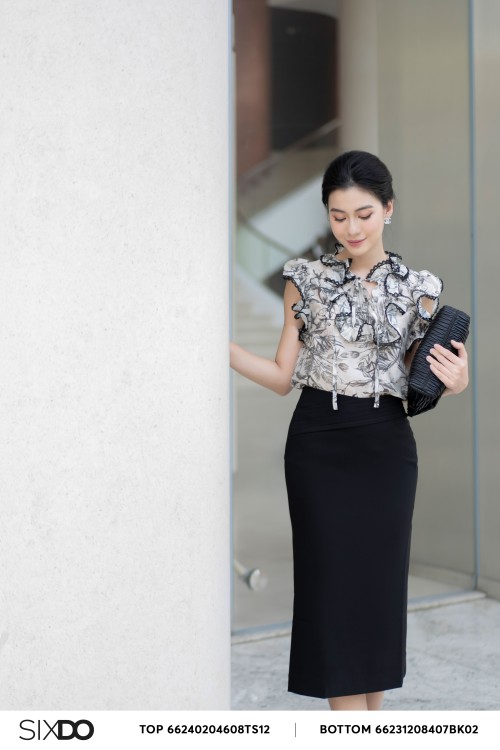 Sixdo Black Straight Woven Midi Skirt