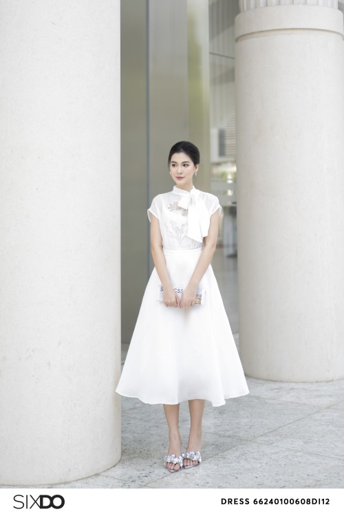 Sixdo White Flower Embroidery Organza Midi Dress