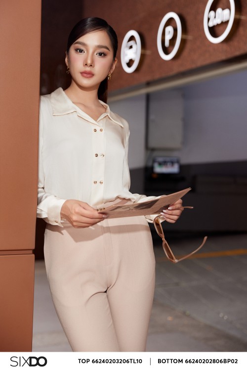 Sixdo Cream Long Sleeves Silk Shirt