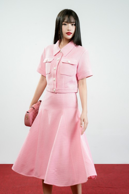 Sixdo Pink Midi Tweed Skirt