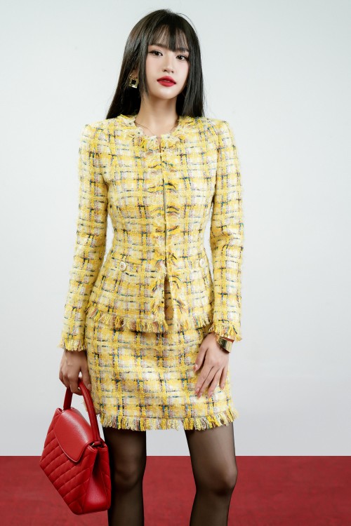 Sixdo Yellow Check Mini Tweed Skirt