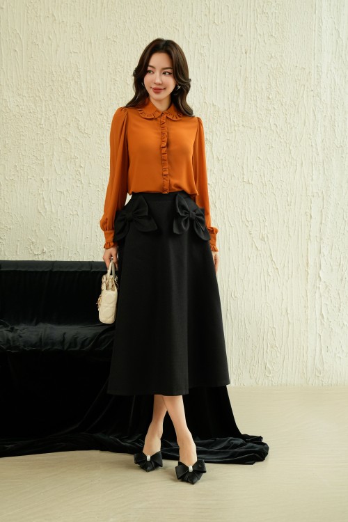 Sixdo Dark Orange Long Sleeves Chiffon Shirt