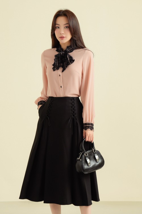 Sixdo Black Woven Midi Skirt